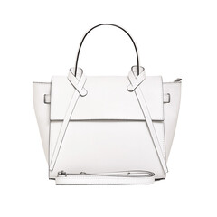 Elegant white leather handbag featuring a distinct knotted strap detail and a sleek flap design. This luxurious accessory is photographed head-on, isolated against a bright white background.
