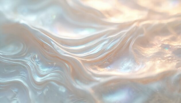 Abstract image showcases flowing liquid. The surface has iridescence light reflections. It looks like mother of pearl with pearl shades. This is a luxurious background design