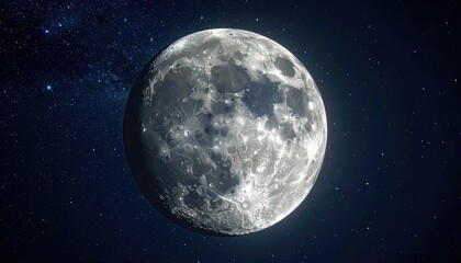 Obraz premium A highly detailed, illuminated view of the Moon's surface against the deep backdrop of space and stars.