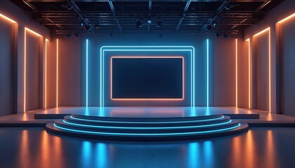 Futuristic empty stage with glowing neon lights and a blank screen for presentations. Modern studio for virtual meetings, broadcasts, or performances, ready for content.