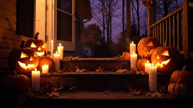 Spooky Halloween scene: Glowing carved jack-o'-lanterns and lit candles on wooden front porch steps at dusk
