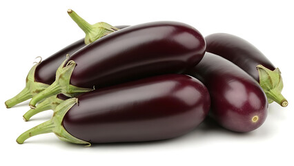 Fresh purple eggplants with green stems, isolated on white. A healthy, vibrant pile of wholesome vegetables ready for delicious culinary creations and nutritious meal preparation