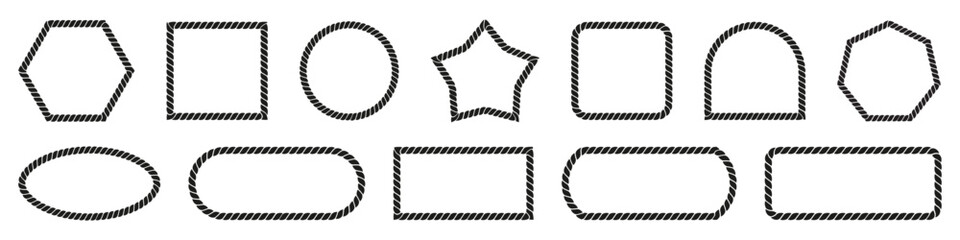 Rope styled frames in many geometric shapes. Twisted outlines form circles rectangles stars and rounded forms