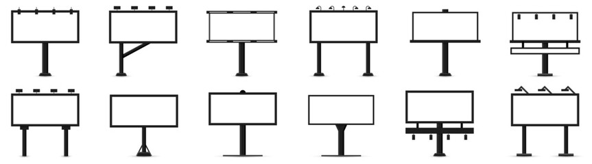 Billboard collection with multiple support structures and lighting variations. Blank frames ready for advertisement placement