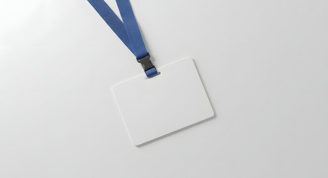 Blank ID Card Badge Mockup with Blue Lanyard on White Surface