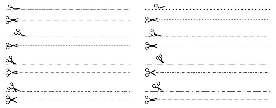 Scissor cutting lines in various dashed and dotted styles. Each line includes a small scissor icon for guidance