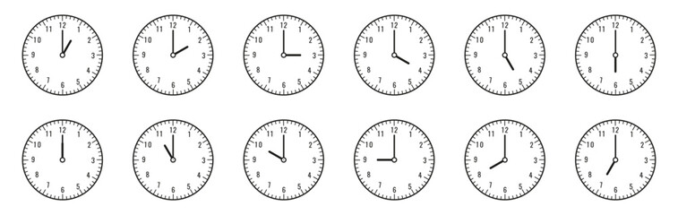 Analog clock collection showing various time positions. Clean lines and minimal details make each clock easy to read