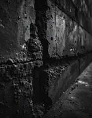 A close-up, dramatically lit abstract view of heavily textured, dark, cracked concrete structure.