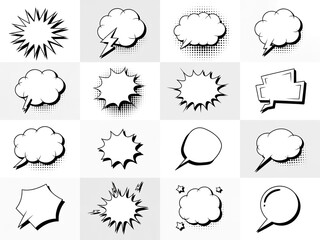 A collection of 16 black and white comic book speech bubble and explosion designs arranged in a 4x4 grid.
