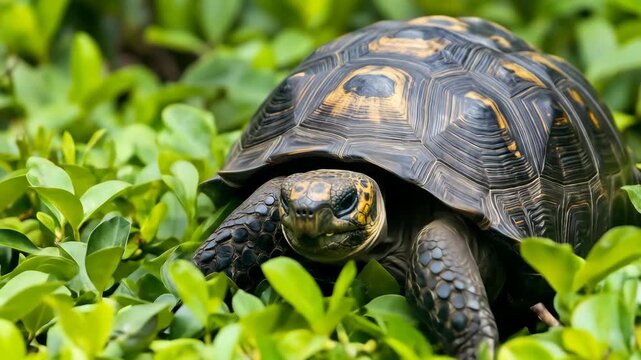 A forest tortoise is amidst lush green leaves, offering a close-up view that highlights its shell texture and the tranquil beauty of its natural habitat.