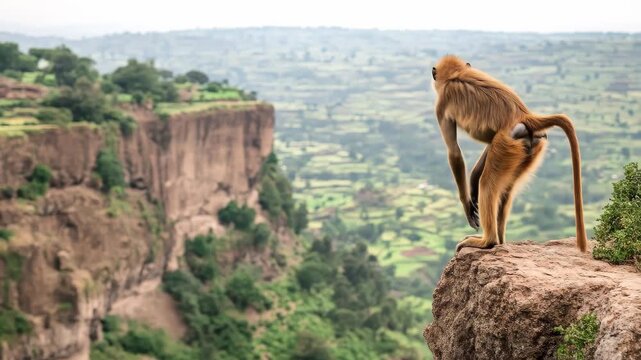A gelada monkey stands at the cliff's edge, overlooking a landscape that blends rugged terrain and serene agricultural patches, this primate observes its natural habitat.