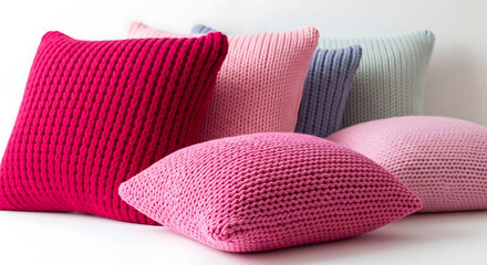 Assorted knitted floor cushions in pink and blue hues