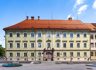 The Prothasi mansion, known as Prothasijev dvorec, an 18th century Baroque building on Trg Celjskih knezov, historic landmark housing judicial offices and a wedding hall in Celje, Slovenia