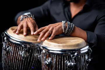 Musician plays conga drums with skilled hands in a studio setting