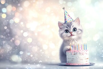Cute cartoon little kitten is standing in front of birthday cake with candles. cat is wearing party hat and he is excited about celebration