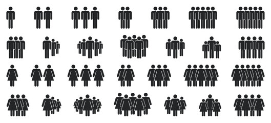 Collection of person and group icons in simple silhouettes. Different formations show family and team concepts