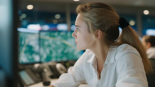 A dispatch manager in a bustling operations room reviewing incoming emergency calls with urgency, screens displaying priority flags and location markers &mdash; crisis coordination, emergency response