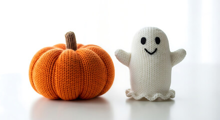 Knitted orange pumpkin and white ghost with smiling face