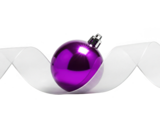 Shiny purple christmas tree ornament ball resting on a wavy white sheer ribbon isolated on transparent background