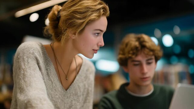 A friendly staff member in a library helping a student find study materials while gently pointing out quiet zones &mdash; educational resource guidance, supportive academic environment, and community