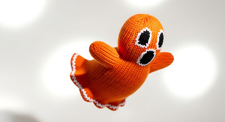 Orange knitted ghost toy with black eyes and white trim