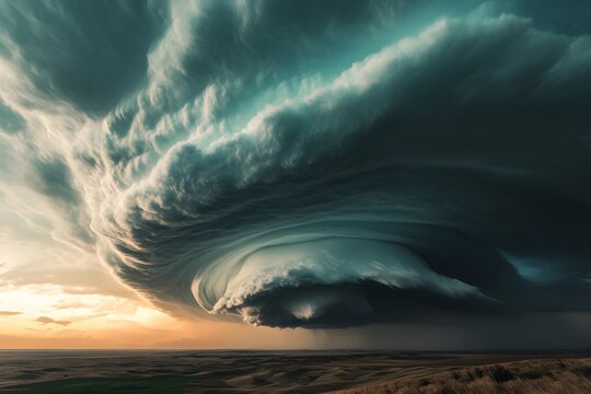 Massive supercell thunderstorm with rotating mesocyclone over landscape
