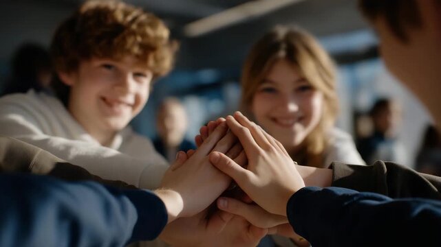 A multicultural classroom where students from various backgrounds work together on a science project, hands reaching across the table &mdash; diversity in education, teamwork, and global-minded learning.