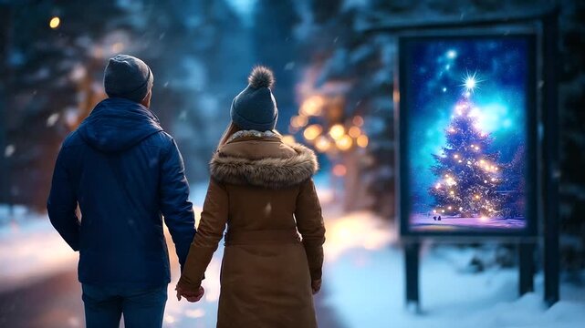 Winter evening landscape with illuminated Christmas tree and blank promotional board, faceless couple holding hands in foreground, defocused snow-covered forest path, festive outdo