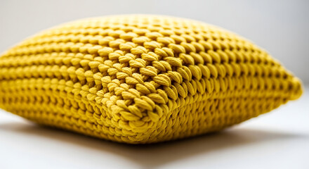 Yellow knitted pouf on white background ottoman mustard