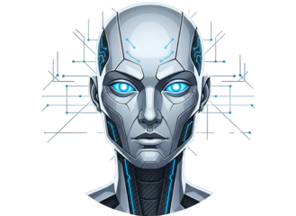 Robot Head with Glowing Eyes and Circuitry on White