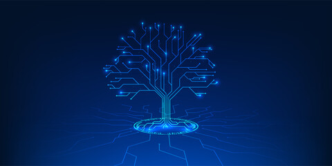 Tree combined with technological elements, representing the environment and sustainable innovation, ESG concept, green technology and corporate innovation for the world