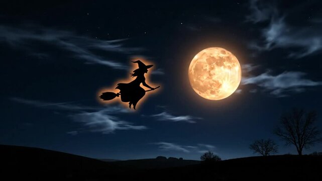 Spooky night scene of a witch on a broom flying in front of the full moon during Halloween