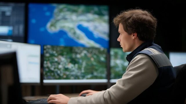 A power grid operator studying weather-based outage predictions on a giant display, where alerts highlight vulnerable regions before a storm &mdash; energy infrastructure protection, predictive failure