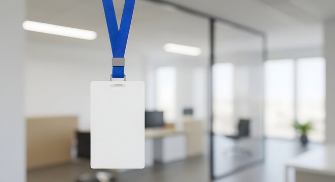 Blank ID badge mockup hanging on blue lanyard in modern office background