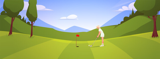 A woman with a club on a green golf course, a daytime landscape poster.