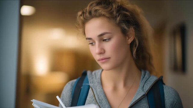 A student pacing a quiet dorm hallway with flashcards in hand, pausing to breathe slowly before a major exam &mdash; academic pressure, mental readiness, and youthful determination. cinematic color