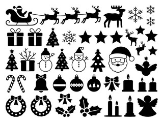 A collection of black and white Christmas-themed vector icons arranged in a grid pattern on a white background.