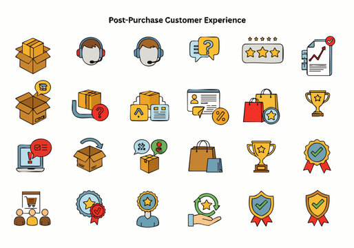 Collection of icons illustrating post-purchase customer experience, including delivery, support, and satisfaction.