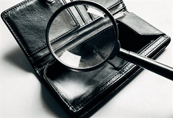 A magnifying glass hovers over an open empty black leather wallet in close-up detail, highlighting its compartments and texture against a plain white background under bright lighting