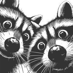 Naklejka premium Two raccoons peering downward with wide-eyed expressions, ideal for humor or wildlife themes sketch engraving generative ai vector illustration. Scratch board imitation. Black and white image.