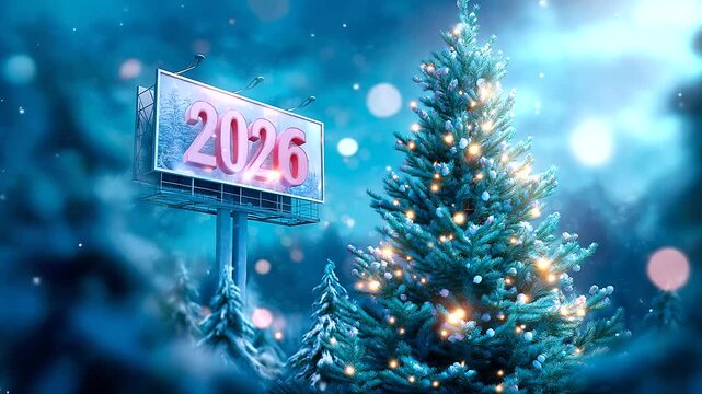 Majestic decorated Christmas tree in frozen forest setting, empty billboard display with faceless photographer silhouette, defocused snow-covered evergreens background, winter fest