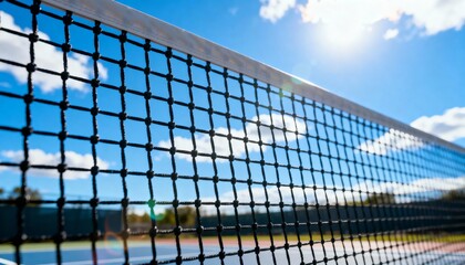 Obraz premium A bright, sunny background of a blue sky viewed through a pickleball net mesh