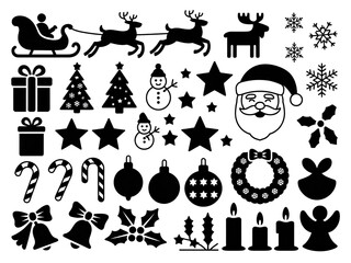 A collection of black and white Christmas-themed vector icons arranged in a grid pattern on a white background.