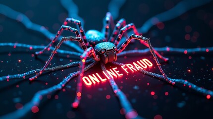 A digital spider symbolizing online fraud, with glowing red text and a dark, high-tech background.