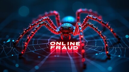 A digital spider representing online fraud, illuminated in red against a dark web background, highlighting the dangers of cybercrime.