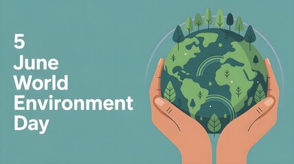 A modern flat illustration celebrating World Environment Day, featuring hands holding the Earth with trees and a rainbow. A symbolic design promoting sustainability, nature protection,