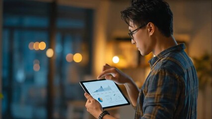 Man analyzing business data on digital tablet. Financial manager using pad for stock market analysis and investment research. Business analytics and finance concept.
