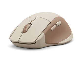 Ergonomic computer pointing device featuring dual tone coloration and side buttons sits isolated on white