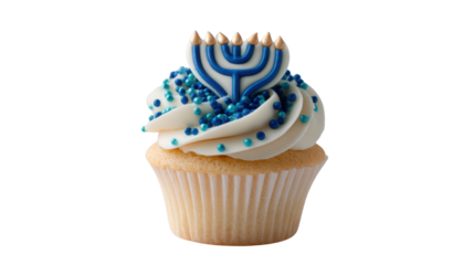 Hanukkah Cupcake with Blue Menorah Decoration Isolated on White