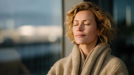 Calm woman meditating near a window with soft morning sunlight — serene, minimalist concept emphasizing inner peace, mindfulness, and mental longevity. cinematic color correction, natural uneven - Powered by Adobe